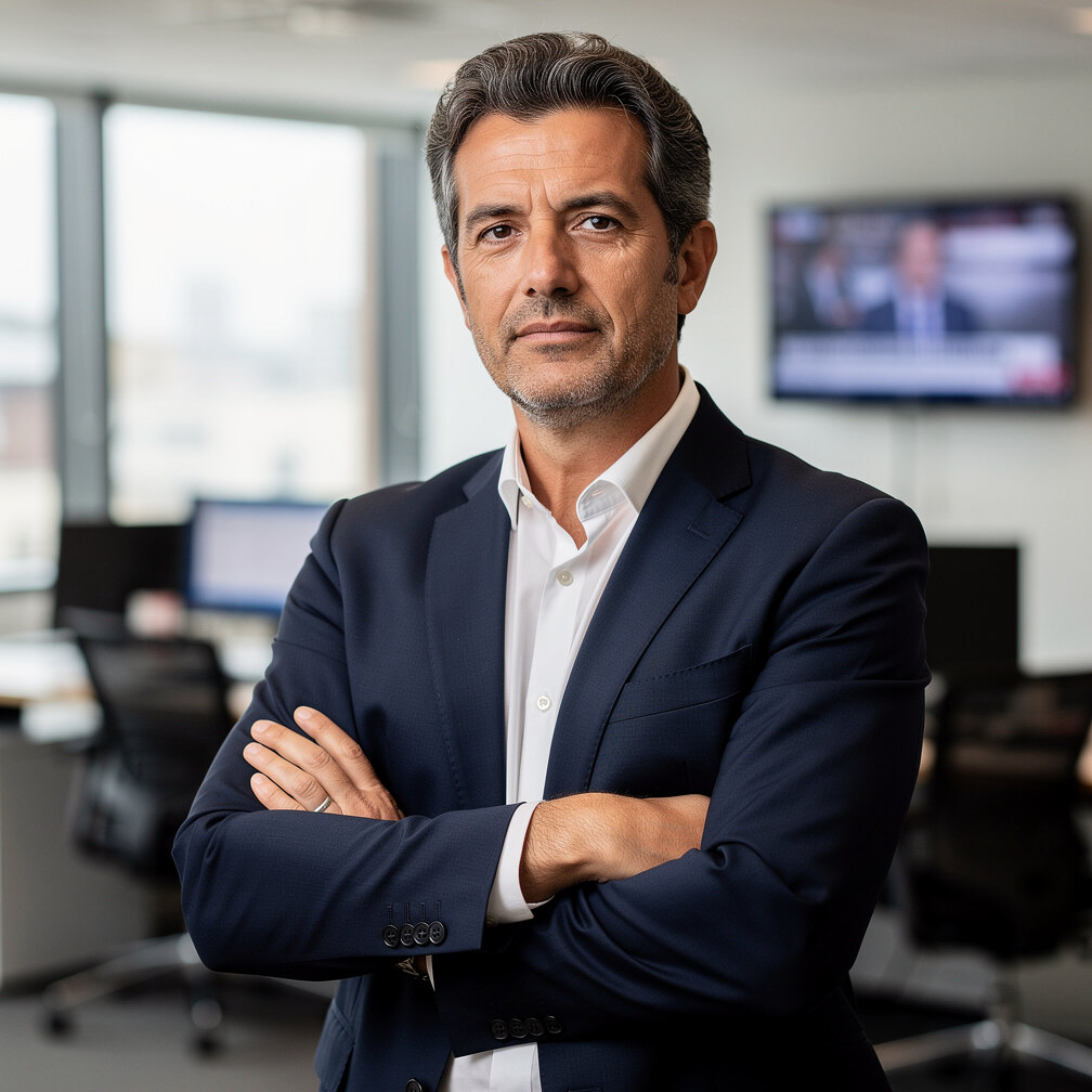 Retrato de um jornalista de meia-idade com blazer numa redação
