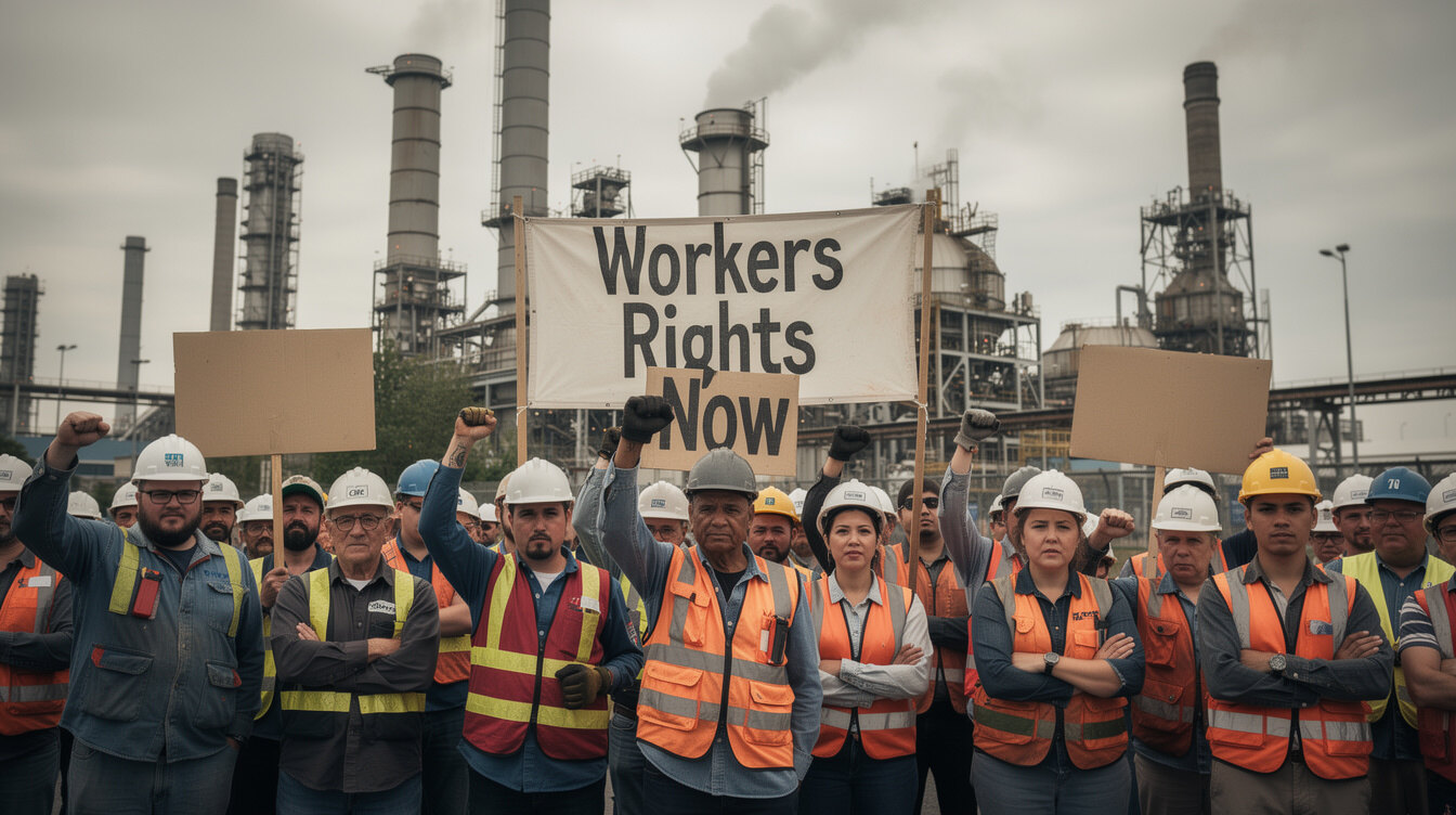 workers protesting outside factory