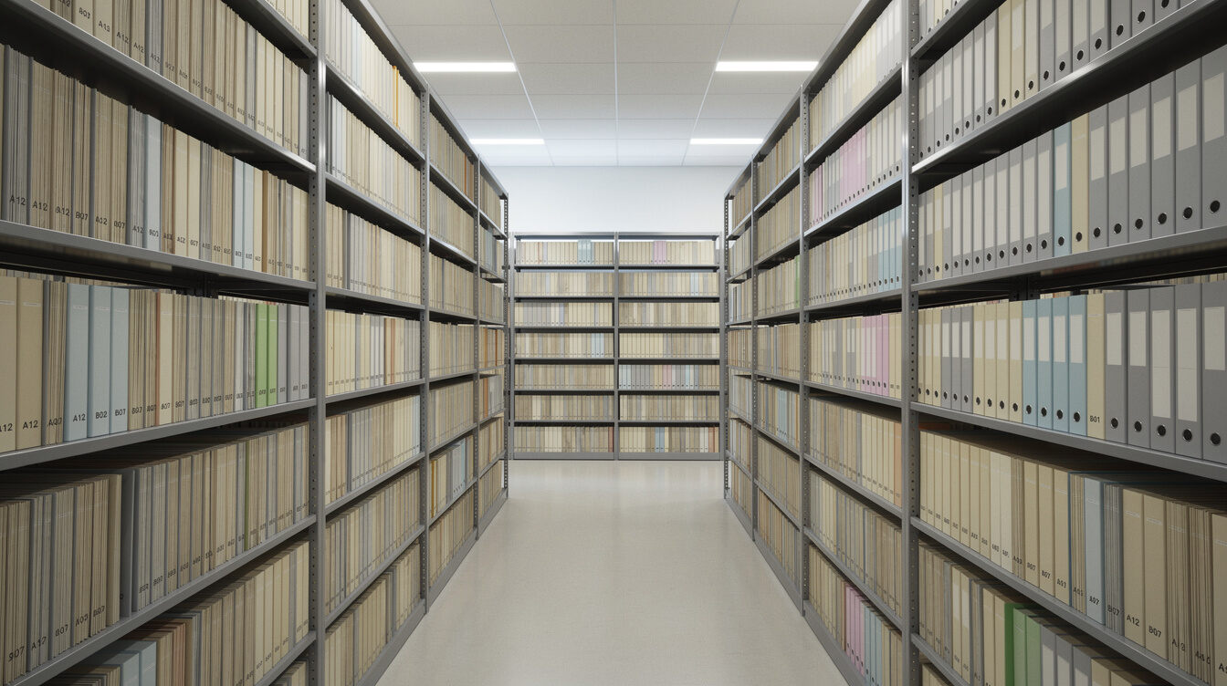 Estantes de arquivo com pastas e documentos organizados