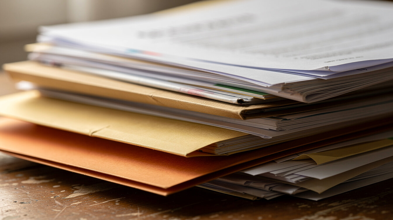 Pilha de documentos e pastas sobre uma mesa de trabalho